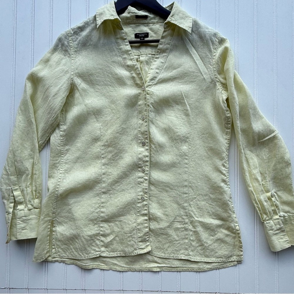 Talbots Soft Yellow Irish 100 % Linen Top sized 8 - Picture 1 of 6